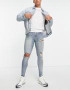 Topman Rip Super Spray On Jeans In Mid Wash Tint-blue