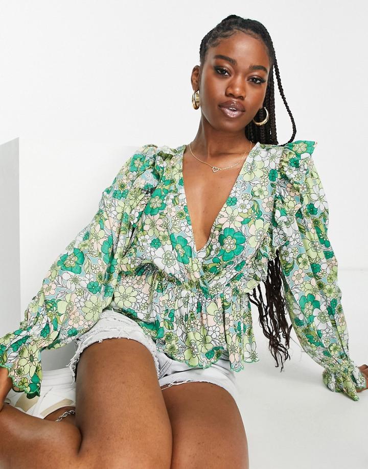 Asos Design Wrap Top With Scallop Peplum Hem In Green Floral Print-multi
