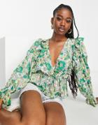 Asos Design Wrap Top With Scallop Peplum Hem In Green Floral Print-multi