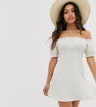 Asos Design Petite Textured Bardot Mini Sundress With Lace Inserts - White