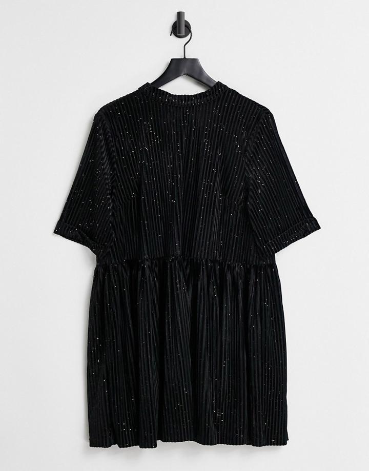 Urban Threads Ribbed Smock Dress With Gold Glitter In Black