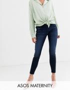 Asos Design Maternity Ridley High Waisted Skinny Jeans In Blackened Blue Wash With Under The Bump Waistband