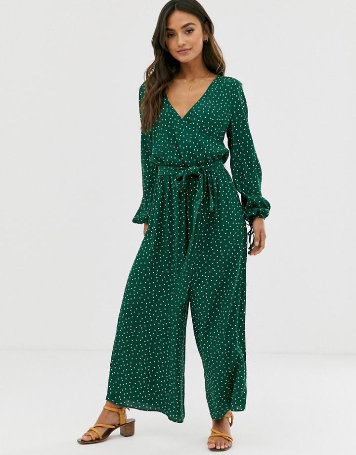 Asos Design Wrap Front Jumpsuit In Green Polka Dot-multi