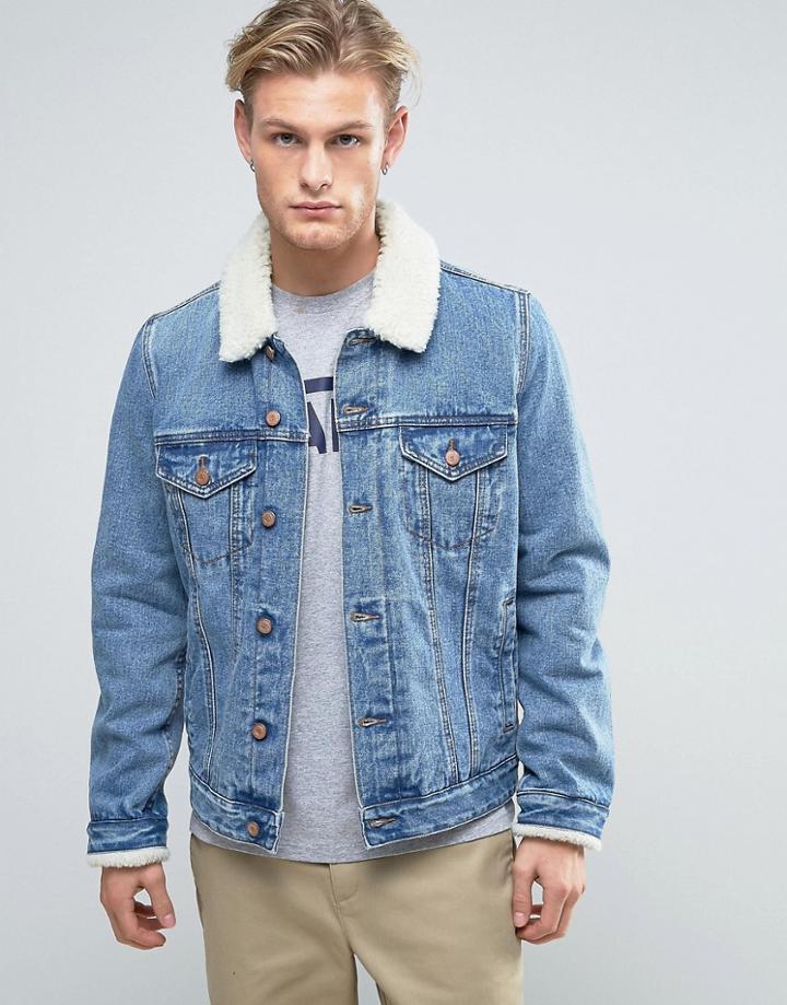 Asos Design Denim Jacket With Borg Collar In Mid Wash - Blue