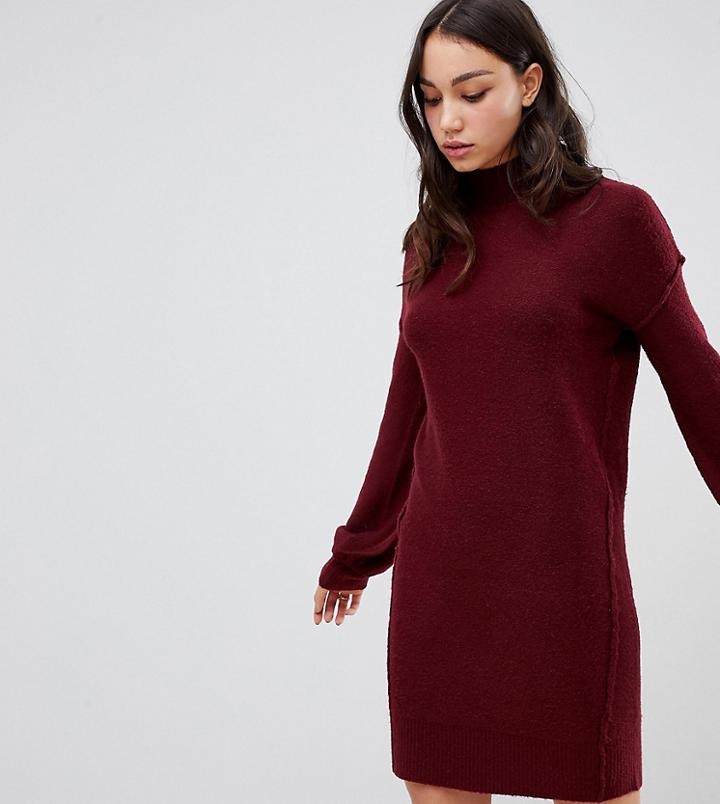Brave Soul Tall Hudson High Neck Sweater Dress With Balloon Sleeves - Red