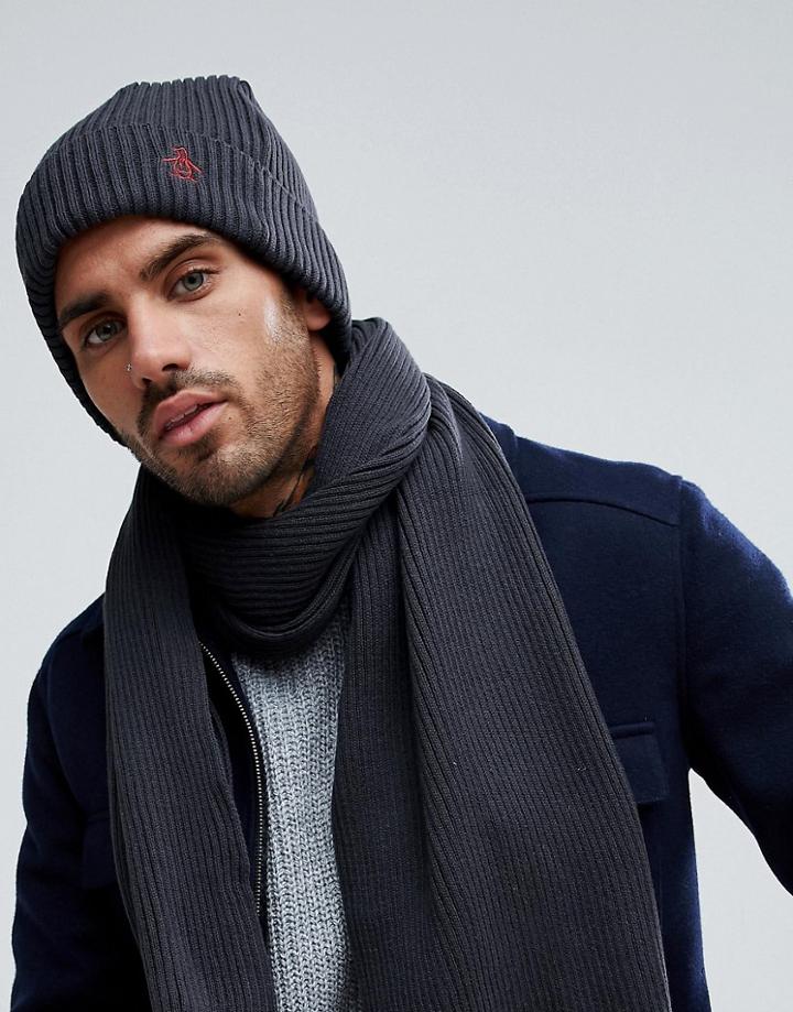 Original Penguin Rib Beanie Hat - Gray