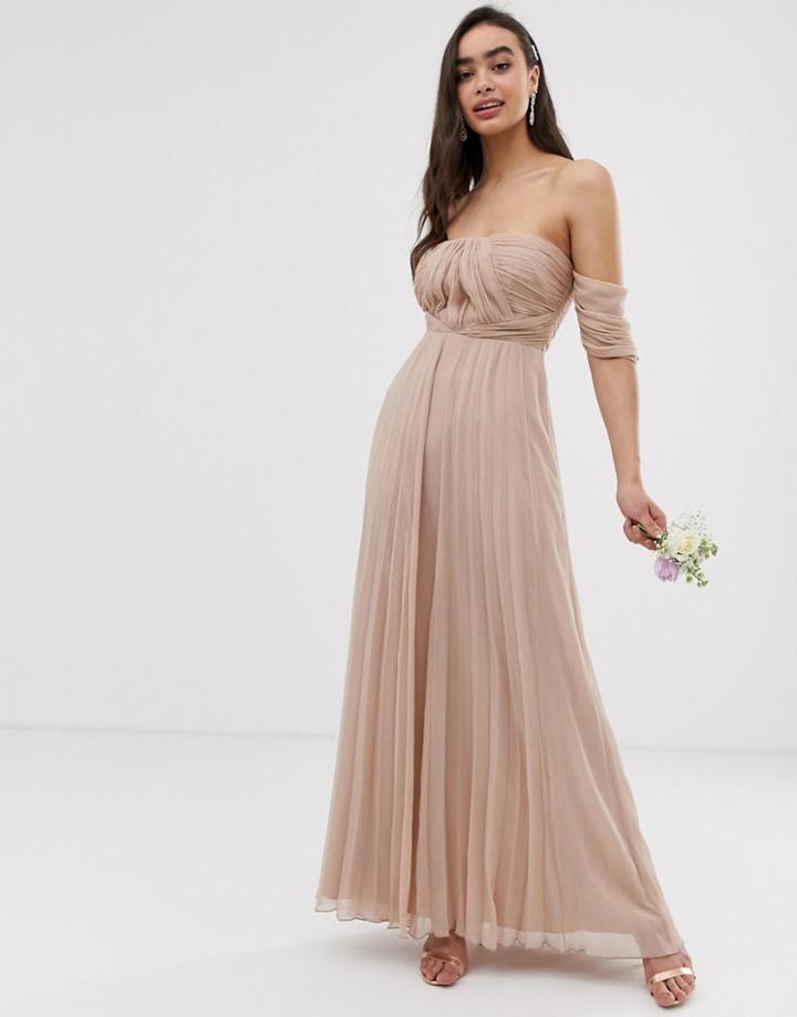 Asos Design Bridesmaid Bardot Ruched Pleated Maxi Dress-beige