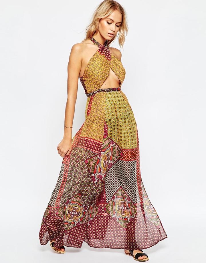 Asos Mixedtile Print Cross Neck Split Maxi Beach Dress - Tile Print