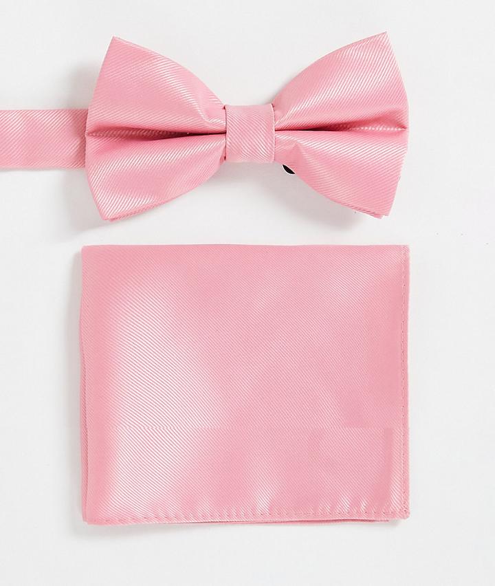 Asos Design Bow Tie And Pocket Square In Pop Pink