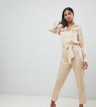 Missguided Satin Utility Jumpsuit In Champagne - Cream