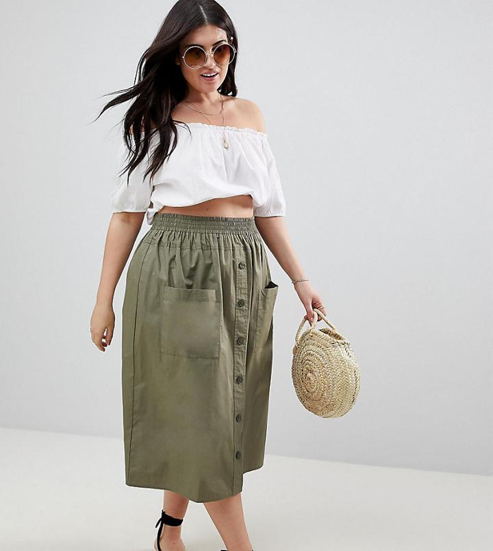 Asos Design Curve Cotton Midi Skirt With Button Front - Red