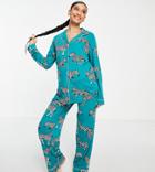 Chelsea Peers Maternity Jersey Revere Top And Trouser Pyjama Set In Turquoise Zebra - Turquoise-blues