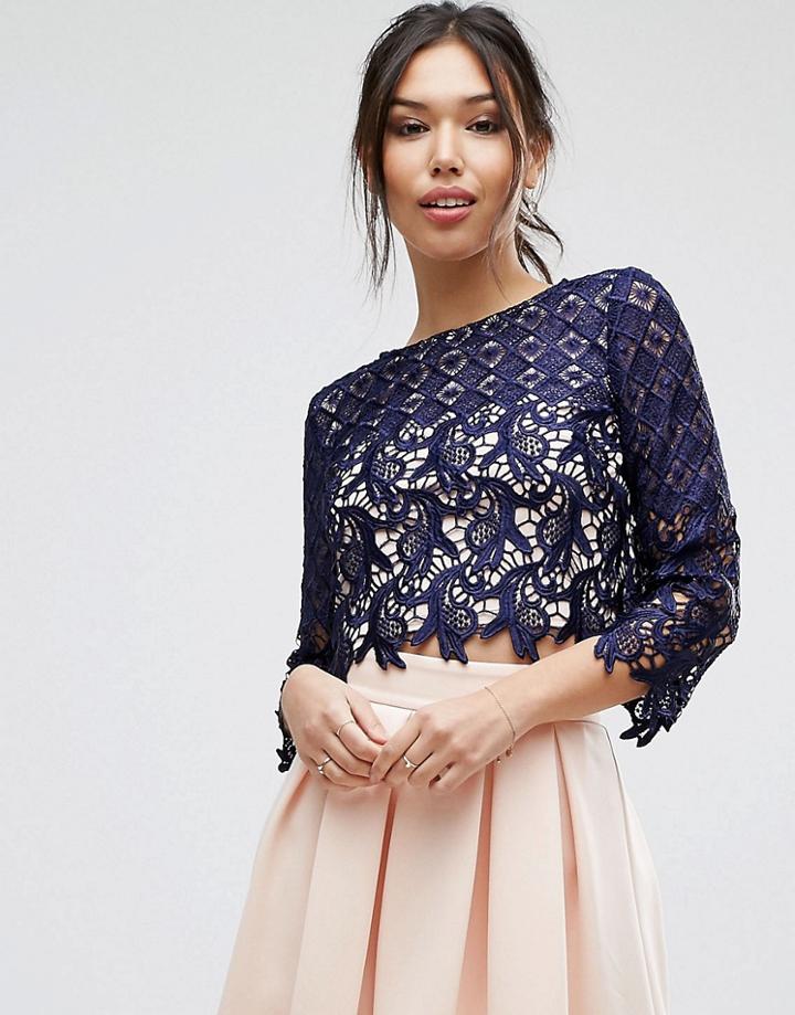 Little Mistress Lace Cropped Blouse - Navy