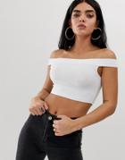 Asos Design Off Shoulder Crop Top With Skinny Sleeve In White - White