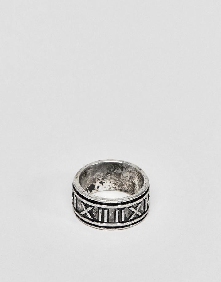 Asos Design Ring With Roman Numerals In Burnished Silver - Silver