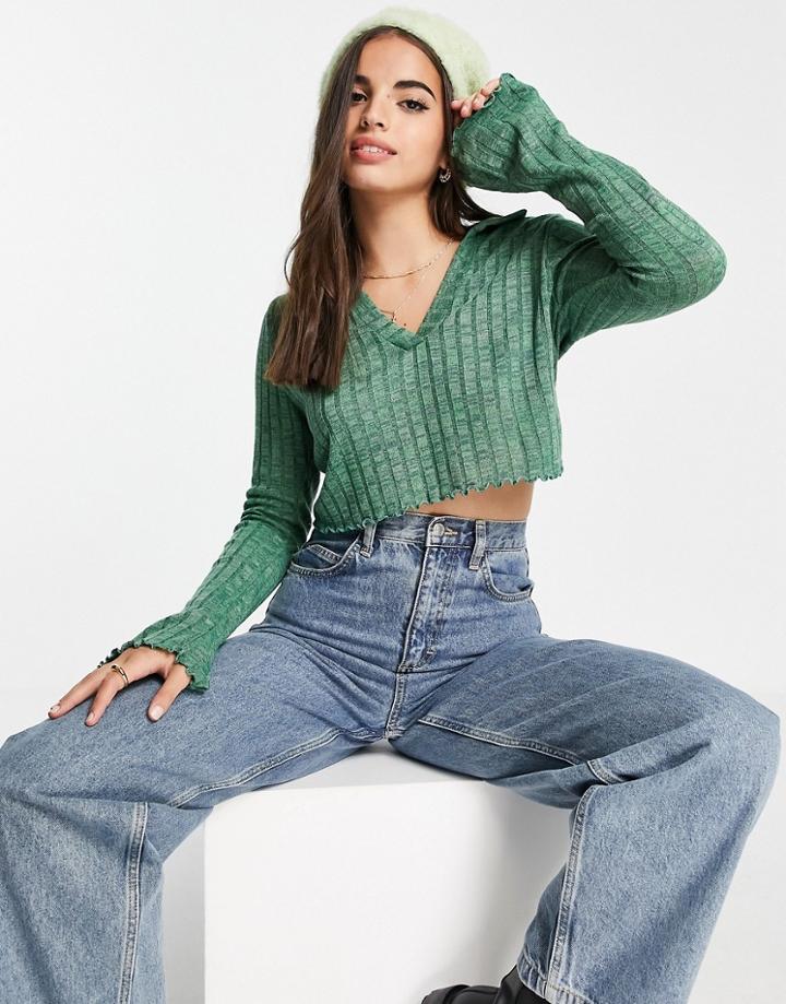 Pull & Bear V Neck Collar Long Sleeved Cropped Ribbed Top In Green
