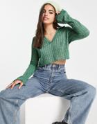 Pull & Bear V Neck Collar Long Sleeved Cropped Ribbed Top In Green