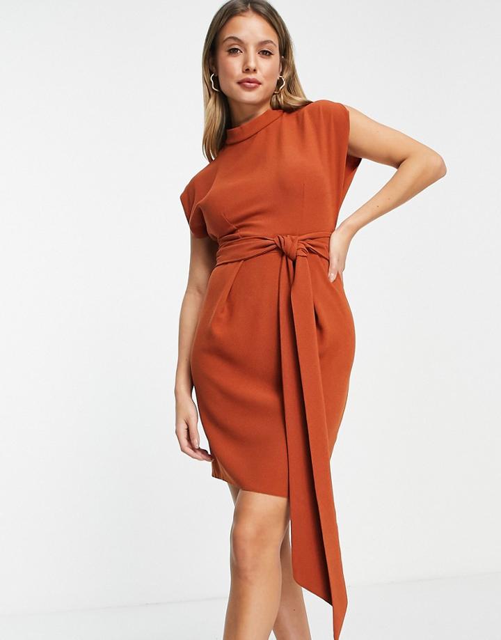 Closet London Belted Tie Waist Mini Dress In Cinnamon-brown