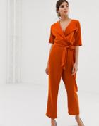 Asos Design Wrap Jumpsuit With Self Belt-orange