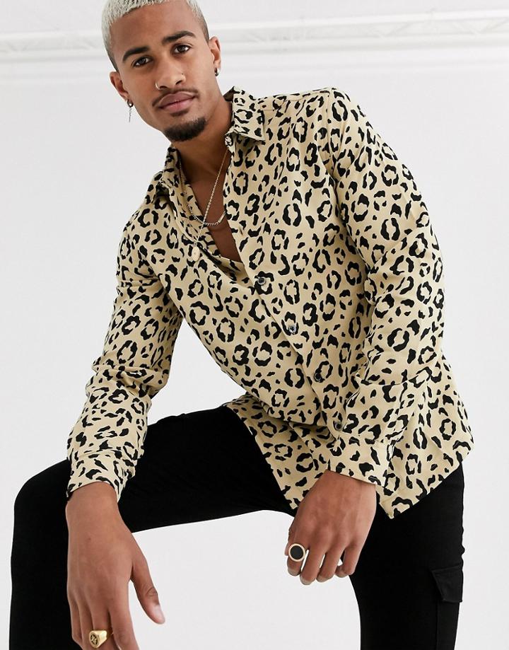 Asos Design Regular Fit Animal Print Shirt-brown