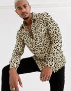 Asos Design Regular Fit Animal Print Shirt-brown