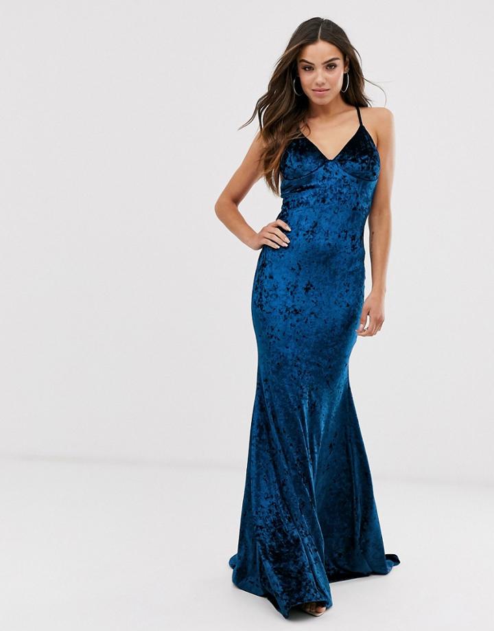Club L London Velvet Cross Back Fishtail Maxi Dress-blue