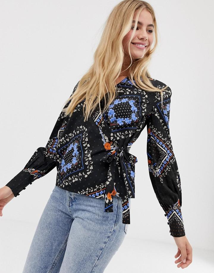 Influence Blouson Sleeve Wrap Blouse-black