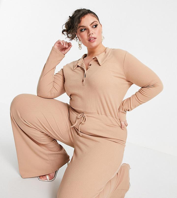 In The Style Plus X Olivia Bowen Ribbed Jumpsuit With Collar Detail In Beige-neutral