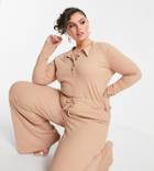 In The Style Plus X Olivia Bowen Ribbed Jumpsuit With Collar Detail In Beige-neutral