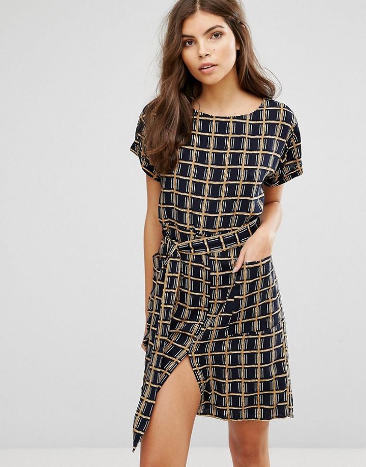 Ax Paris Grid Print Belted Dress - Navy