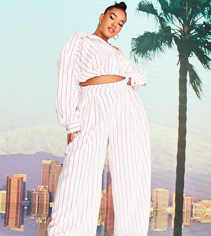 Asos Design X Millie Curve Wide Leg Pants With Tie Waist In Pink Stripe-multi
