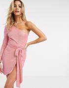 Club L London One Shoulder Sequin Wrap Dress In Pink-white