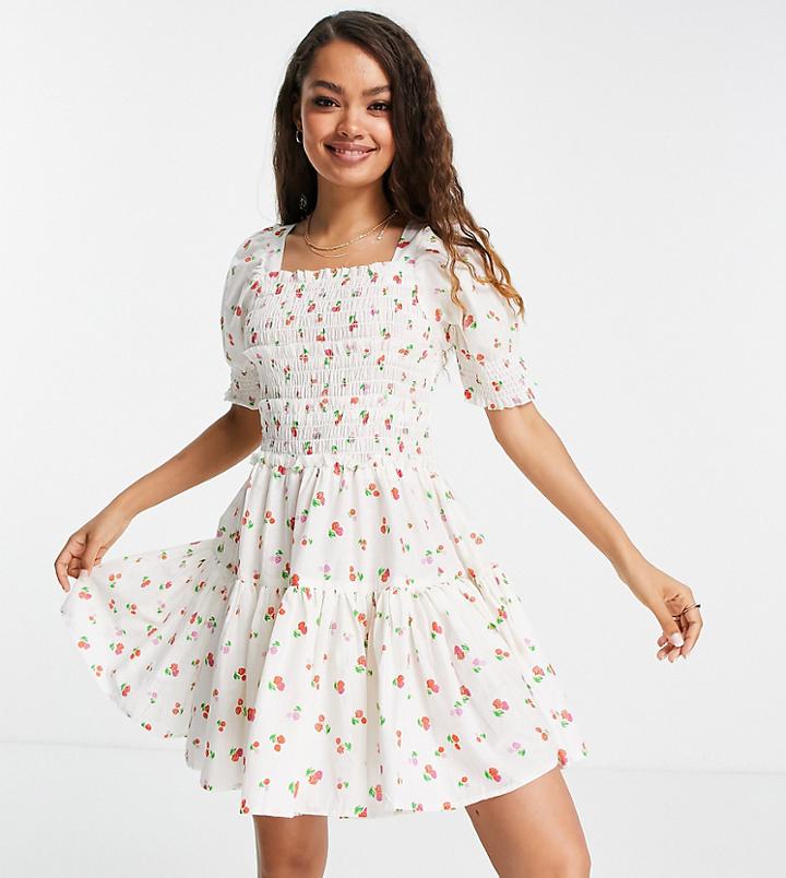 Asos Design Petite Square Neck Shirred Raw Edge Mini Skater Dress In Cherry Print-multi