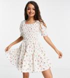 Asos Design Petite Square Neck Shirred Raw Edge Mini Skater Dress In Cherry Print-multi