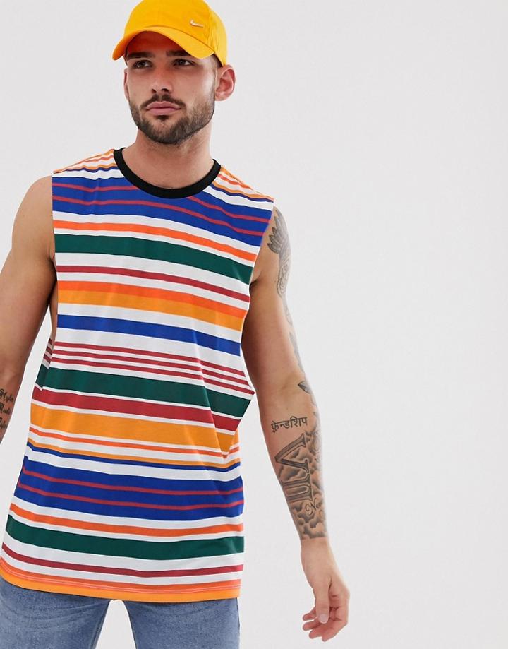 Asos Design Relaxed Sleeveless T-shirt With Dropped Armhole In Horizontal Stripe-white