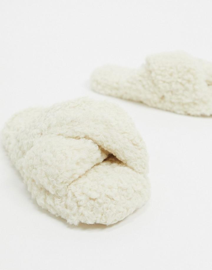 Asos Design Neve Cross Strap Slider Slippers In Cream Borg-white