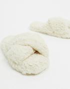 Asos Design Neve Cross Strap Slider Slippers In Cream Borg-white