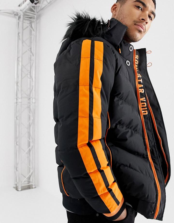 Soul Star Piped Puffer Jacket With Faux Fur Hood - Black