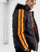 Soul Star Piped Puffer Jacket With Faux Fur Hood - Black