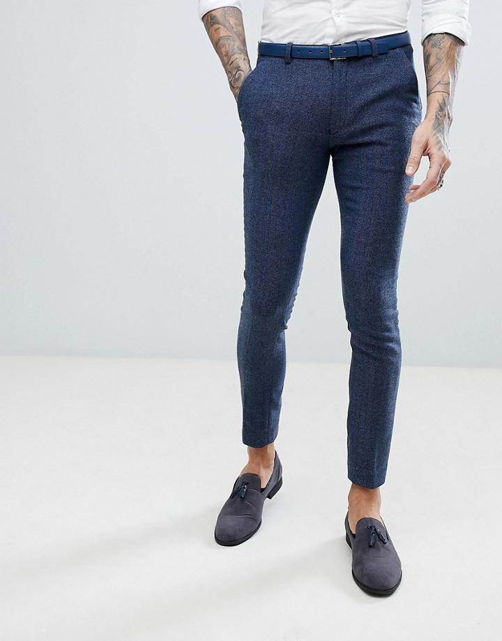 Asos Wedding Super Skinny Suit Pants In Petrol Blue Herringbone - Blue