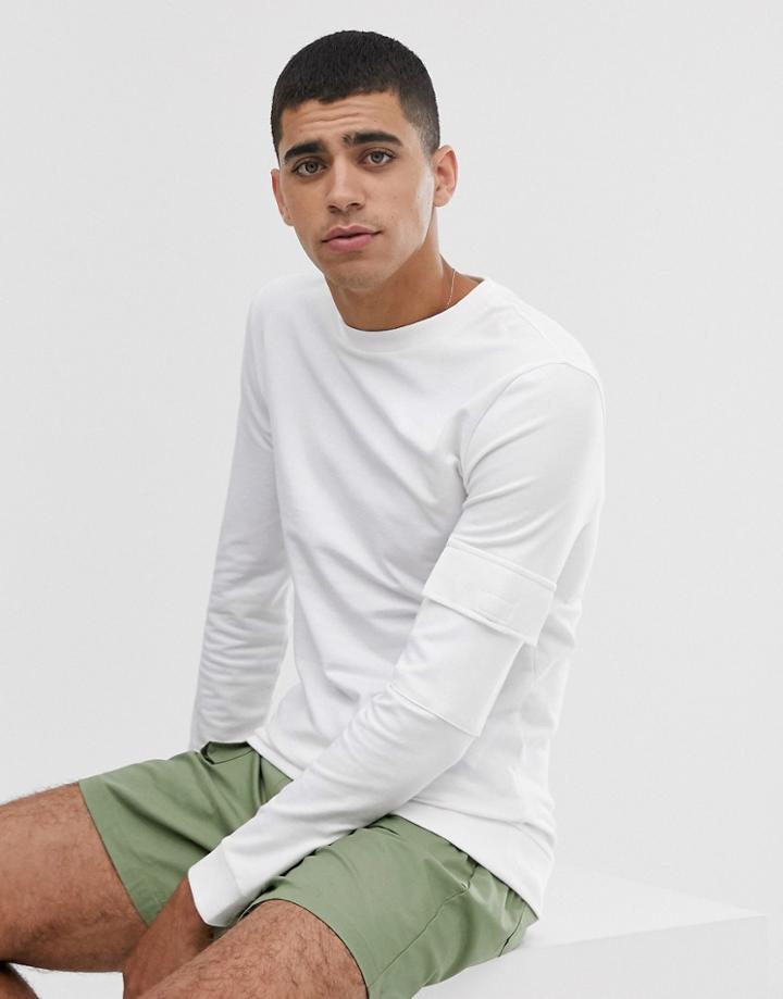 Asos Design Muscle Sweatshirt With Utility Sleeve Pocket In White