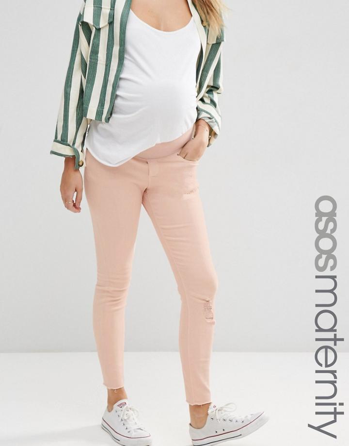 Asos Maternity Ridley Skinny Jeans In Petal Pink Wash With Rip And Repair With Under The Bump Waistband - Pink