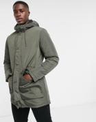 Selected Homme Padded Parka In Khaki With Teddy Hood-green