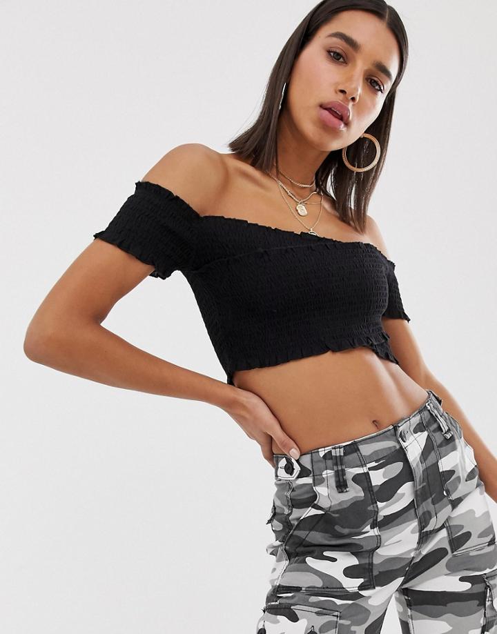 Bershka Shirred Cross Front Top In Black - Black