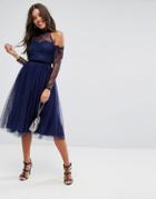 Asos Premium Tulle Cold Shoulder Midi Prom Dress - Navy