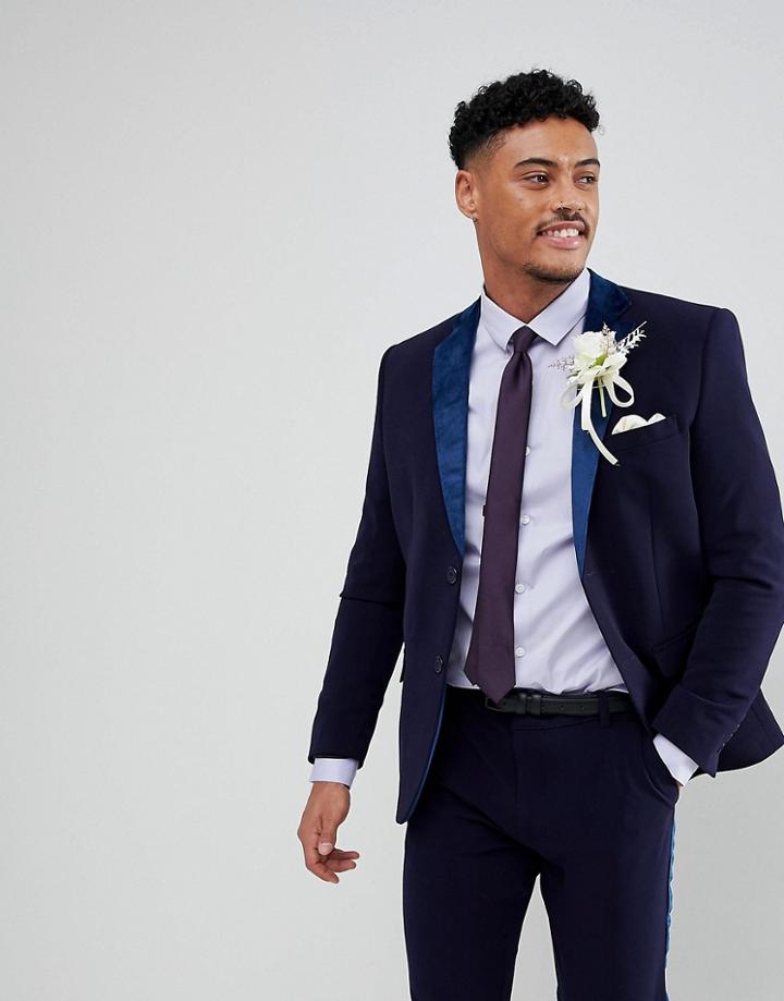 Boohooman Skinny Fit Suit Jacket With Velvet Lapel In Navy - Navy