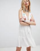 Kiss The Sky Embroidered Boho Dress With Plunge Front - Cream