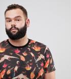 Asos Plus Super Longline T-shirt With Bird Floral Print And Curved Hem In Linen Look Fabric - Black