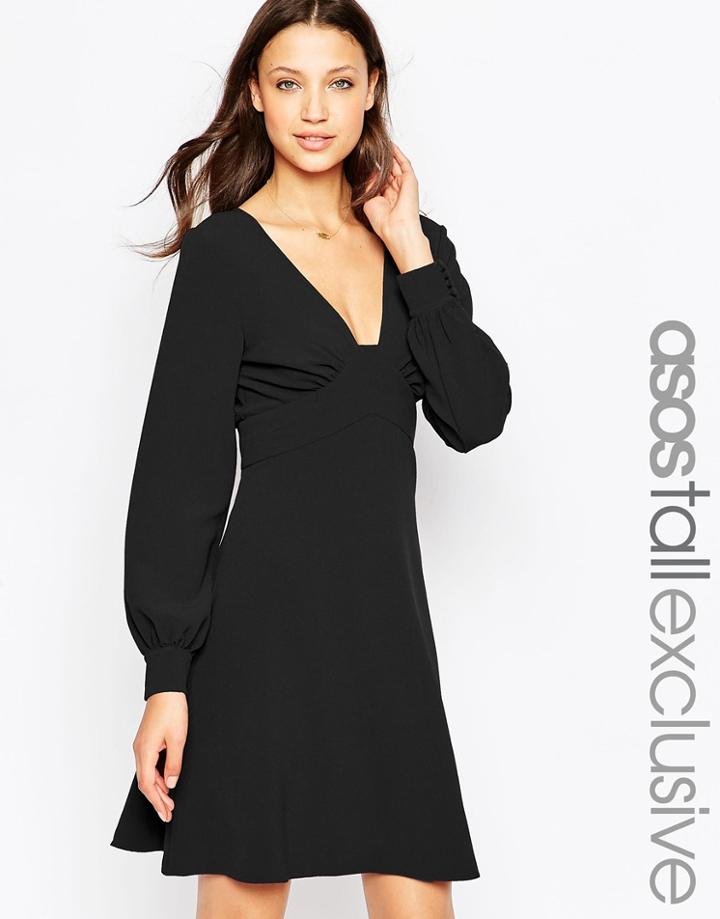 Asos Tall 70's Plunge Mini Dress With Long Sleeves - Black