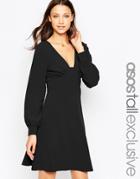 Asos Tall 70's Plunge Mini Dress With Long Sleeves - Black